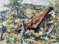 Close-up of watercolor painting showing rustic house, trees, and foliage in a natural landscape setting.