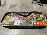 Packed 4-person dome tent in black carry bag with product label showing image of tent and features.