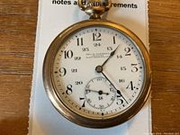 Front view of enamel dial with black Arabic 1-12 and 13-24 hour markings, subsidiary seconds and jeweler’s imprint