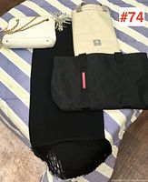 Overview of all four items: Bally bag, Prada tote, Armani Casa tote, and black scarf