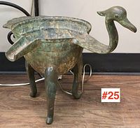 Full view of bronze figural jardiniere showing bird head, bowl and tripod legs