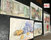 Layout of all five paintings on black background, showing barn, still life, garden, figure and floral works