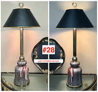 Pair of table lamps displayed side by side on mirrored console with decorative tray