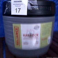Gray plastic portable camping toilet tank with black lid, ribbed sides and a label showing brand Hasseck and sanitation instructions.