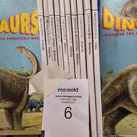 Front view showing the full set of dinosaur binders with visible titles and author names, resting against dinosaur-themed backdrops.