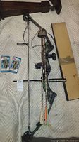 Full view of Hoyt compound hunting bow with two arrows, replacement tips in packaging, and a cardboard box.