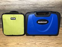 Two cases side by side; lime green Ryobi soft case and blue MasterCraft plastic tool case with handle.