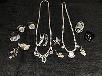 Top view of all jewelry pieces arranged on black fabric, showing necklaces, rings, earrings, and brooches.