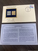 Lot showing commemorative holder with a 1938 15-cent James Buchanan U.S. postage stamp and a 22kt gold replica stamp, including printed historical context and a postmark dated October 13, 1989.
