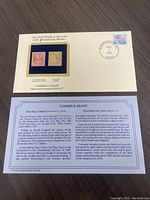 Commemorative display card showing the original 18 cent Ulysses S. Grant postage stamp next to a 22KT gold replica of the same stamp, with First Day of Issue cancellation mark dated November 3, 1938.