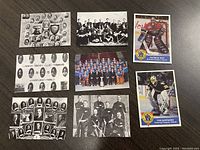 Top view of all 8 hockey cards from the 1992-93 High Liner Centennial series showing various team photos and player portraits including Patrick Roy and Tom Barrasso cards.