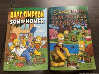 Front covers of two Simpsons paperback comic books: 'Bart Simpson Son of Homer' on left, 'Jam-Packed Jamboree' on right showing Simpsons characters outdoors.