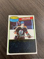 Front of the hockey card showing Wayne Gretzky in Edmonton Oilers uniform, labeled TEAM LEADERS 1979-80.