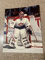 Full view of the vintage 8x10 photograph showing Patrick Roy in full goalie pose in front of the net.