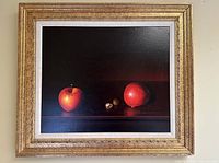 Full view of framed oil painting depicting still life