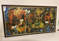 Full view of the rectangular masonite painting showing multiple figures, lotus flowers, and gold detailing on a contrasting background.