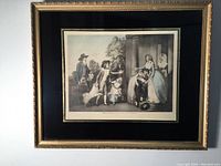 Lithograph titled 'Black Monday or the Departure for School' in a gold-colored frame with a black mat, showing figures in 18th-century dress at a doorway. Two chips visible on lithograph surface.