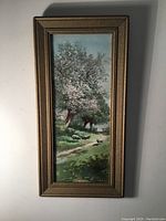 Full view of antique lithograph framed in gold with pastoral scene of sheep, tree, and farmhouse