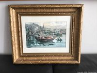 Frontal view of original watercolor painting by Chin Chung in vintage wood frame showing detailed harbor scene.