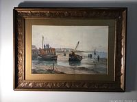 Frontal view of entire framed watercolor coastal scene