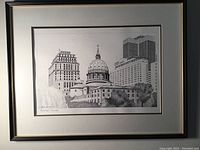 Full view of the framed original ink drawing depicting the Montreal Cathedral and cityscape, showing overall condition and framing.