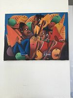 Full view of the original oil on canvas painting showcasing vibrant colors and stylized crowd with fruit elements.