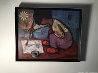 Full view of the lithograph showing the child painting, framed with two-tone wood frame.