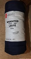 Fabric-wrapped navy blue weighted throw with label indicating PC brand and product details including 8 lb weight and 60x50 inch size.