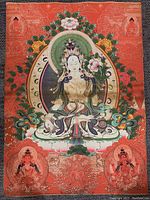 Full view of the thangka showing the central deity Dorje Sempa with four corner deities and detailed floral and mandala borders in red and orange tones.
