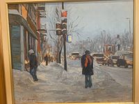 Full view of framed oil painting showing winter street scene