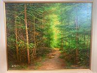 Full view of oil painting on canvas in frame showing forest pathway, signed artist 'A. Charles' bottom left.