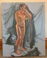 Full view of the painting showing standing male nude figure by Gabriel Molina in warm color palette on gray background.