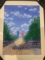 Colour screen print depicting Tour de France with cyclists racing towards the Arc de Triomphe under a blue sky, printed on thick paper, signed and numbered by the artist.
