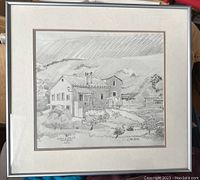 Full view of the Italian villa pencil drawing framed, showing house, landscape, and mountainous background.