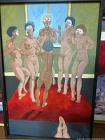 Full view of the framed acrylic painting titled 'A Capella' depicting six nude masked figures on a red floor with blue window background.
