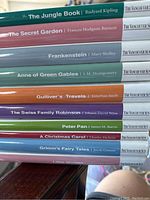 Stack of classic children's novels with colorful spine labels from The Vancouver Sun series, showing titles and authors clearly.