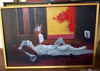 Full view of the unfinished acrylic painting showing a reclining figure in a room with bold colors and symbolic elements.