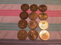 Photo showing the front side of 12 bronze souvenir coins featuring detailed embossed provincial flowers from Canada, arranged in three rows of four coins on striped fabric.