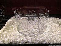 Clear glass bowl showing embossed floral pattern and overall shape