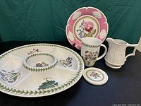 Four piece set including chip and dip dish, Mothers Day plate, white matte pitcher, tea mug and coaster