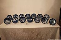 Wide view of all 21 Royal Copenhagen blue and white winter plates arranged on a table.