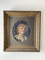 Full view of the original oil on canvas painting of a young child in ornate gold frame
