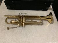 Trumpet laid flat next to mouthpiece with case visible behind.