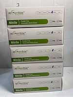 Stack of five ReGentox boxes labeled for powder free disposable nitrile gloves, purple color with 400g weight indicator.