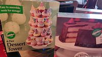 Box with image and details of Wilton 4-tier dessert tower for cupcakes, highlighting its easy assembly and storage.