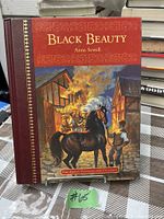 Front cover of the hardcover 2004 edition of Black Beauty by Anna Sewell, showing title, author, and illustration of a black horse in a village scene.