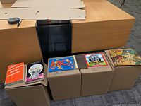 Four cardboard boxes filled with books with visible book covers from various genres on top.