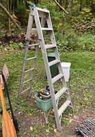 Photo of 7 foot aluminum stepladder and green bin with Shop Vac on grass outdoors.