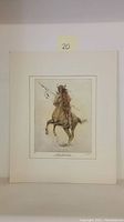 Full view of the etching artwork showing a Native American rider on horseback holding a spear.