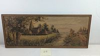 Front view of landscape village painting with wooden frame, showing houses, trees, and greenery in muted earth colors.